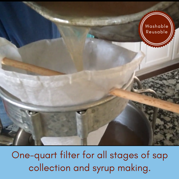Syrup pouring into a filter being held on a metal sieve stand. Caption reads: one-quart filter for all stages of sap collection and syrup making.