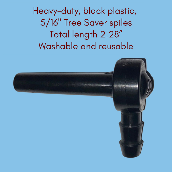 Up close image of black plastic spile against a light blue background. Caption reads: Heavy-duty, black plastic, 5/16" Tree Saver Spiles. Total length 2.28", washable and reusable.