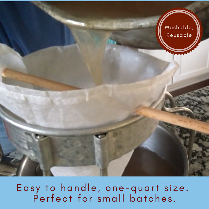 Syrup pouring into a filter being held on a metal sieve stand. Caption reads: easy to handle, one-quart size. Perfect for small batches. Washable, reusable.