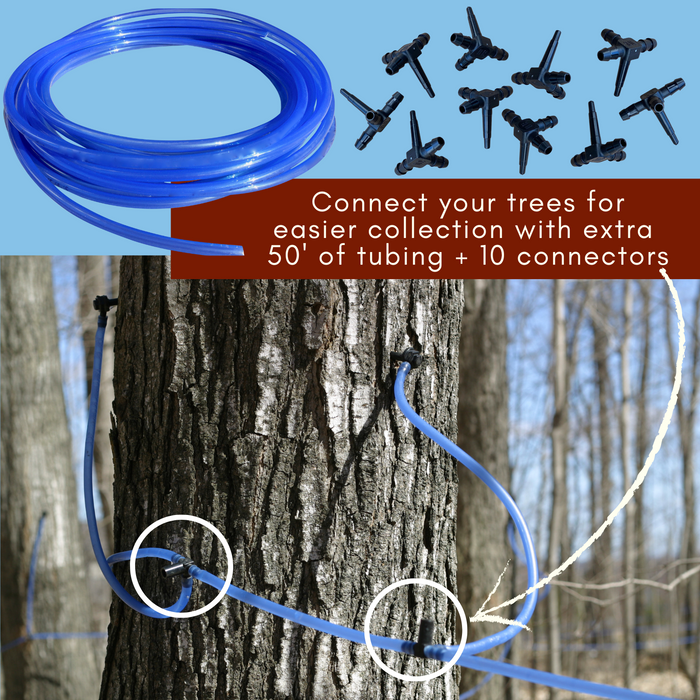 Two blue maple sap collection tubes connected to a main blue tubing line in maple woods. Large 50’ coil of blue tubing and ten black plastic connectors with caption: connect your tress for easier collection with extra 50’ of tubing plus 10 connectors.