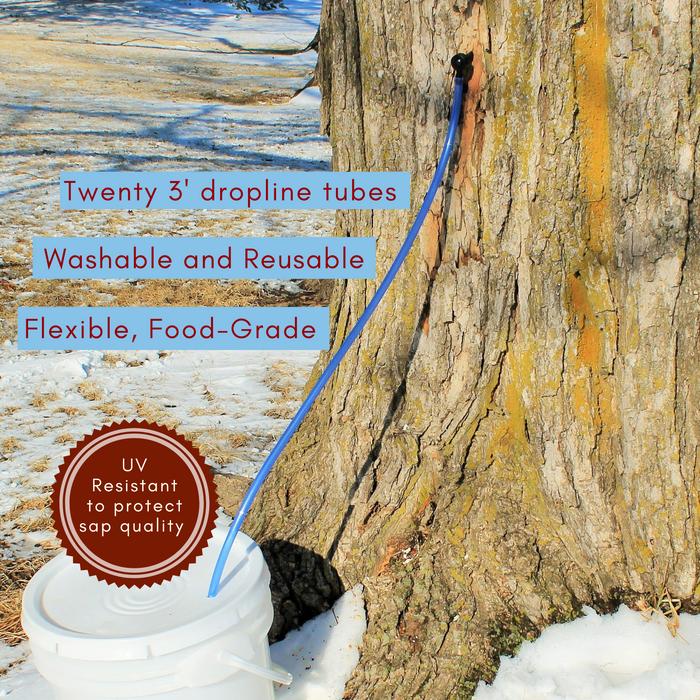 Long blue tube attached to a spile in a maple tree and extending into a white bucket with snowy background. Captions read: Twenty 3' dropline tubes, washable and reusable, flexible, food grade, UV resistant to protect sap quality"