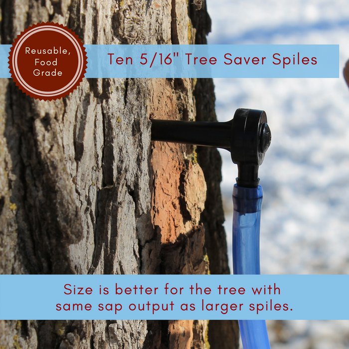 Black plastic spile placed in maple tree with blue tube attached. Captions read: Ten 5/16" Tree Saver Spiles, reusable, food grade. Size is better for the tree with the same sap output as larger spiles".