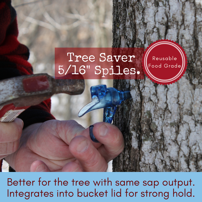 man in red plaid shirt hammers a blue spile into a maple tree. Caption describes spile as Tree Saver Spile 5/16" and says "better for the tree with same sap output. Integrates into bucket lid for strong hold."