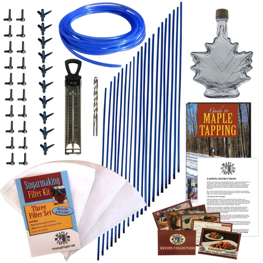 Image shows items included in the Ultimate Maple Tapping tubing Kit: 20 black plastic spiles, 10 black plastic dropline connectors, premium candy thermometer, 5/16” wood boring drill bit, 20 3 foot long 5/16” dropline tubes, 50-foot coil of blue 5/16” tubing, 250 milliliter maple leaf shaped glass bottle, three piece sugarmaking filter kit, guide to maple tapping book, instruction sheet, and five recipe cards
