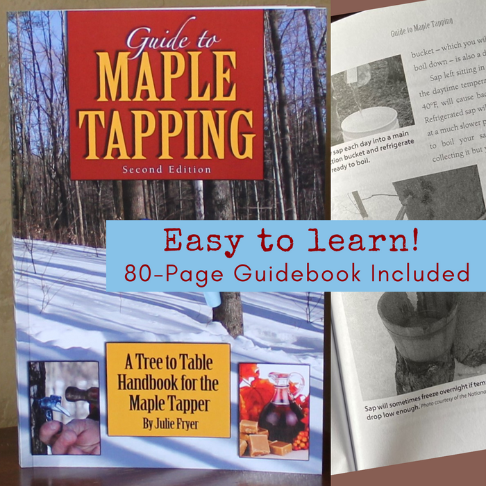 Caption reads: "Easy to Learn" 80-page guidebook included. Image shows the cover of "Guide to Maple Tapping" and an inside spread of the book.
