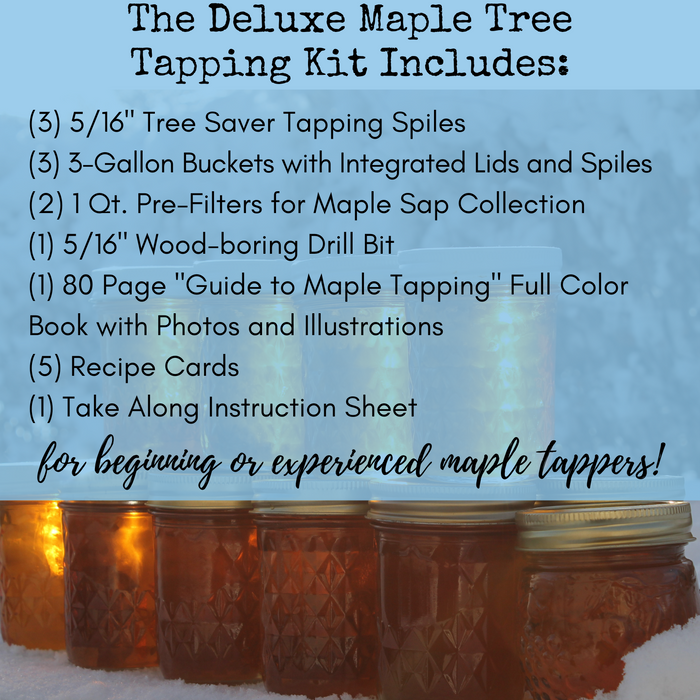 Deluxe Maple Tapping Kit | Three Buckets, Lids & Spiles | 80 Page Guidebook, Drill Bit, Filters