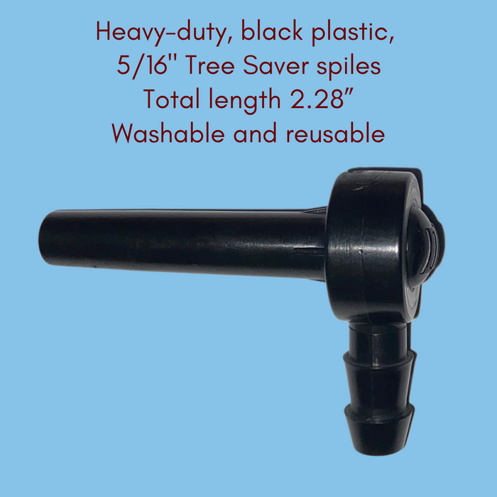 Up close image of black plastic spile against a light blue background. Caption reads: Heavy-duty, black plastic, 5/16" Tree Saver Spiles. Total length 2.28", washable and reusable., 