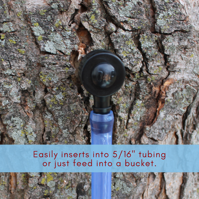 Black plastic 5/16’ maple tapping spile in maple tree. Caption says: easily inserts into 5/16” tubing or just feed into a bucket.