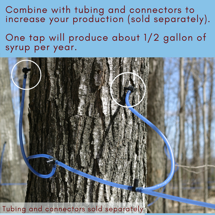 Two blue maple sap collection tubes connected to a main blue tubing line in maple woods. Circles around spiles in maple tree. Caption reads: combine with tubing and connectors to increase your production (sold separately). One tap will produce about ½ gallon of syrup per year.