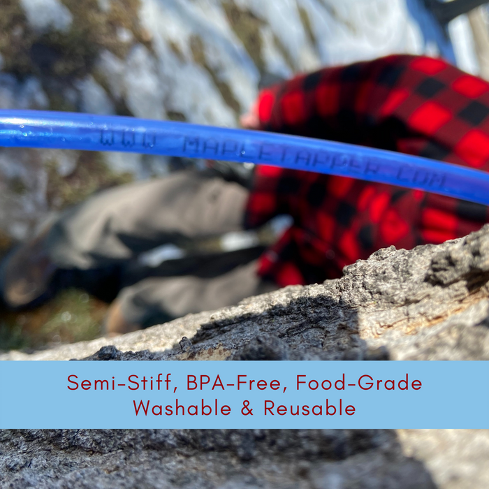 Up close shot of blue tubing showing the mapletapper.com logo with caption that reads: Semi-stiff, BPA-free, food-grade, washable and reusable.
