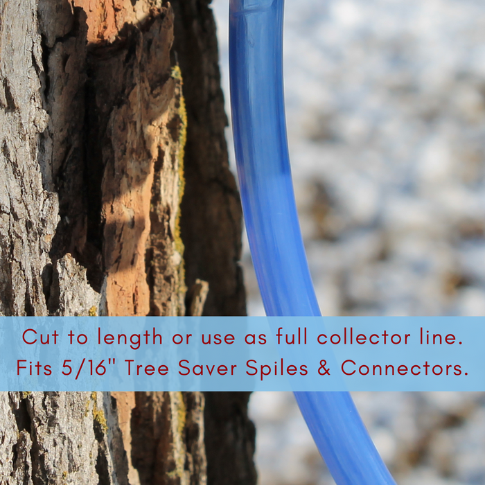 Blue tubing against the trunk of a maple tree. Caption reads: Cut to length or use as a full collector line. Fits 5/16" Tree Saver Spiles and Connectors.