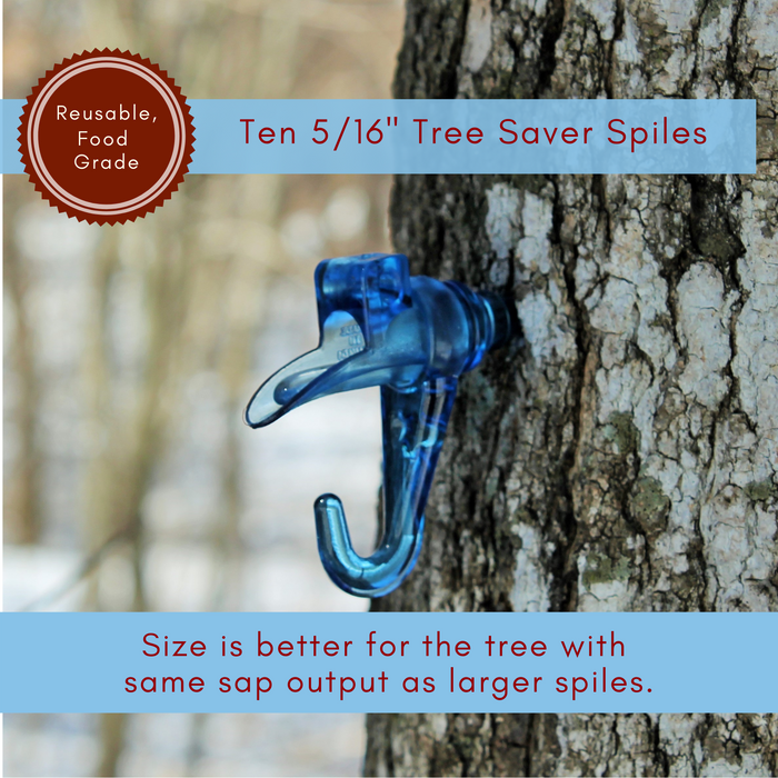Blue spile in maple tree with a drop of sap about to fall off the end. Caption reads: : Ten 5/16” Tree Saver Spiles, Reusable, Food-Grade. Size is better for the tree with the same sap output as larger spiles.