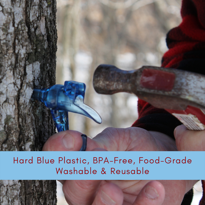 man in red plaid shirt hammers a blue spile into a maple tree. Caption describes spile as hard blue plastic BPA-free, food-grade, washable and reusable