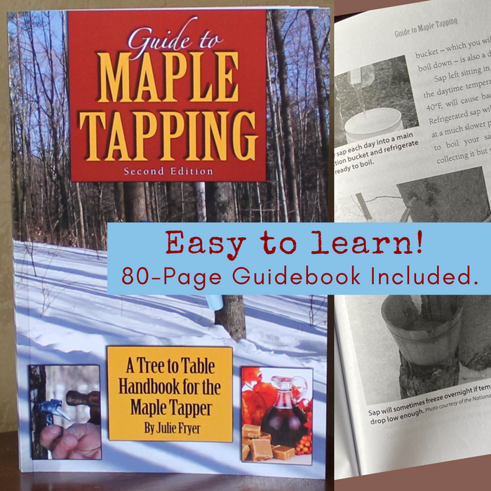 Caption reads: "Easy to Learn" 80-page guidebook included. Image shows the cover of "Guide to Maple Tapping" and an inside spread of the book.