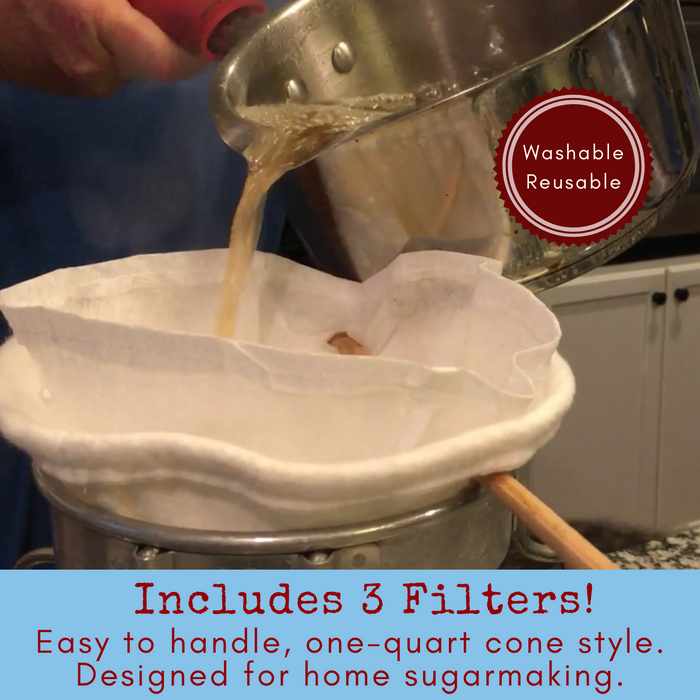 Syrup pouring through two one-quart filters stacked together being held on a metal sieve stand. Caption reads: Includes 3 filters! Easy to handle, one-quart cone style. Designed for home sugarmaking. Washable and reusable.