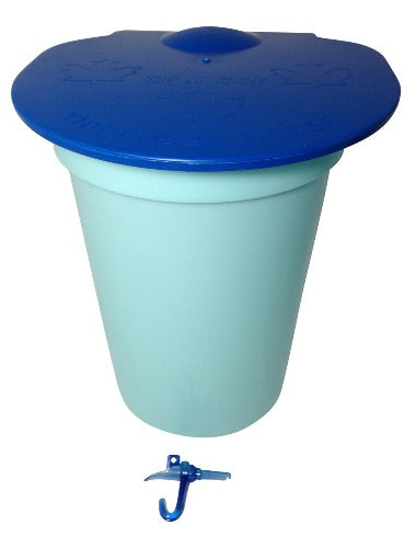 blue maple tapping bucket with dark blue lid and dark blue plastic spile, also known as a tap.