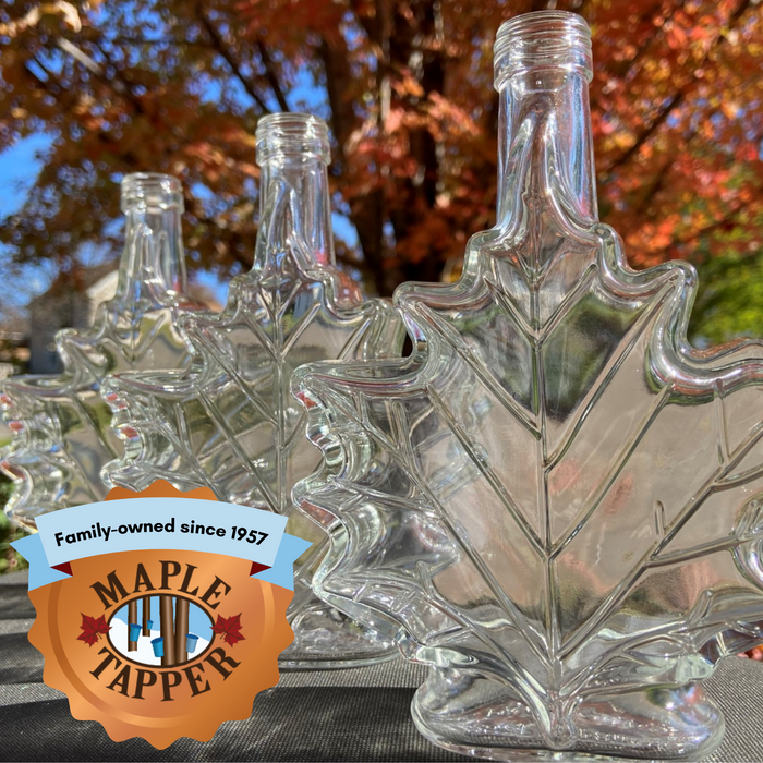 3 Glass Maple Syrup Bottles | Maple Leaf Design (250-ml) Bottles, 6 Self-Sealing Caps | Food Grade Canning Bottles for Sugarmaking