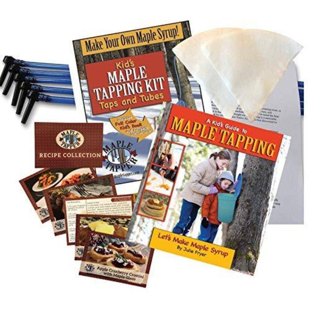 kids maple tapping kit with book, tubing, spiles, filters, recipe cards, instructions for sugarmaking