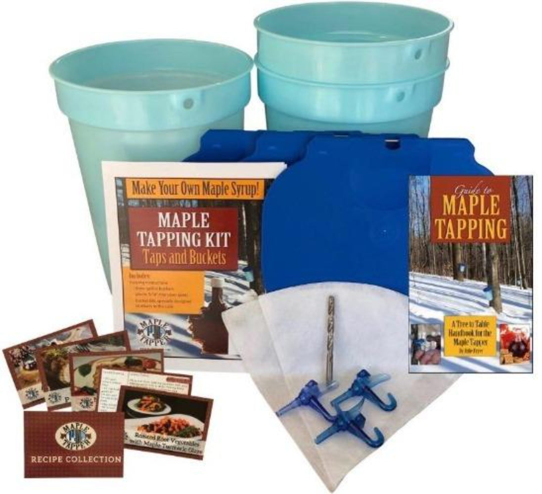 Sugarmaking kit shown with three large light blue bucket, large blue lids, maple tapping book, recipe cards, blue spiles, drill bit, and two white cone filters.
